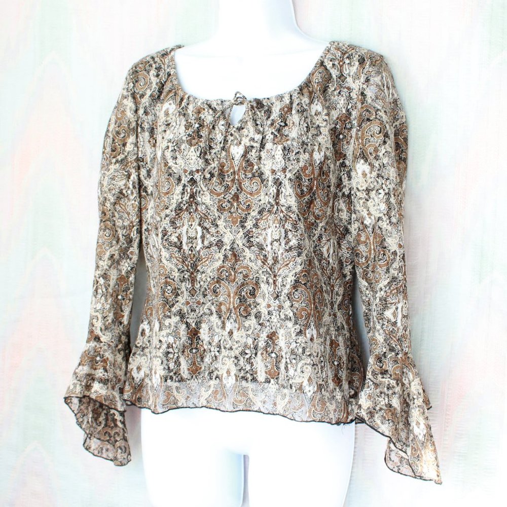 Vintage 90's Square neck bell sleeve paisley top L